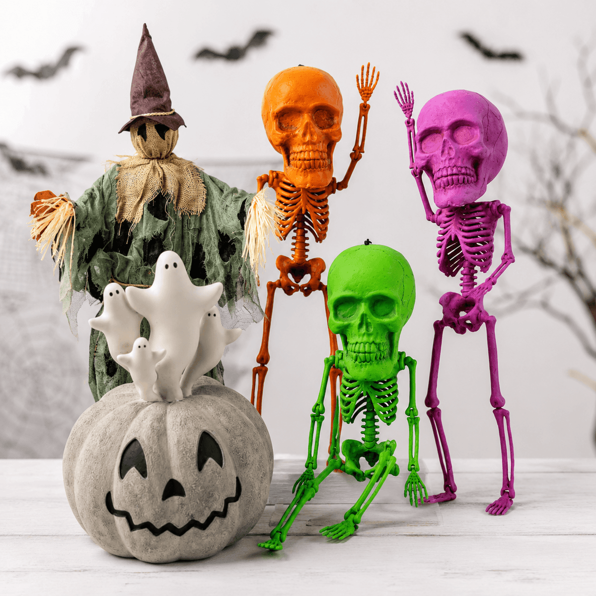skeletons and pumpkin halloween decorations