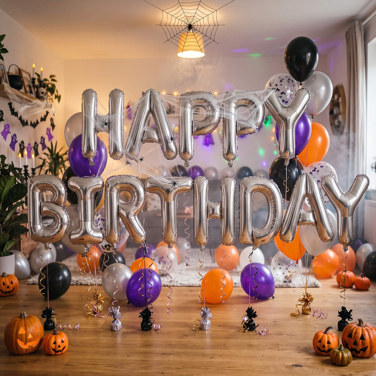 happy birthday in silver balloons halloween theme
