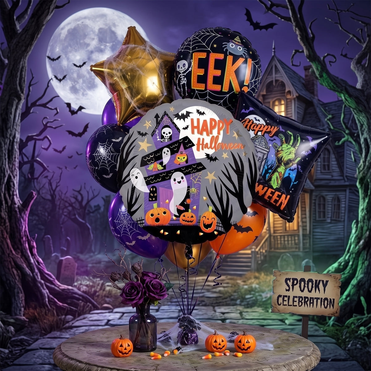 halloween balloon bouquet with haunted house and moon 
