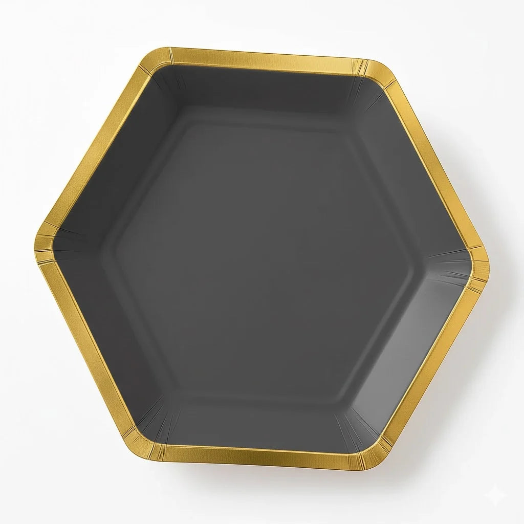 9" Hex Metallic Paper Plate - Dark Grey