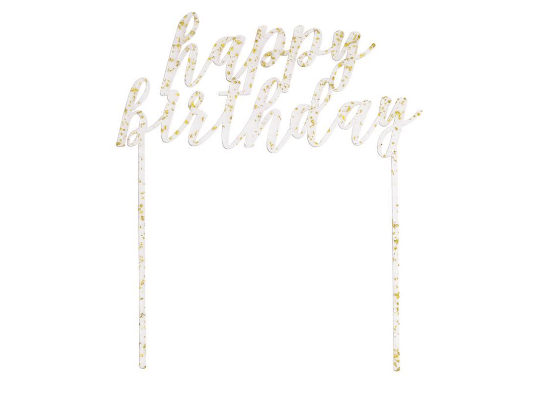 Happy Birthday Clear with Gold Foil Flecks Acrylic Cake Topper