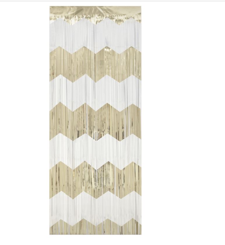 Gold and White Scalloped Foil Fringe Door Curtain  3.25 ft x 6.5 ft