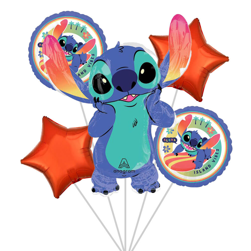 Stitch Aloha Foil Balloon Bouquet, 5pc