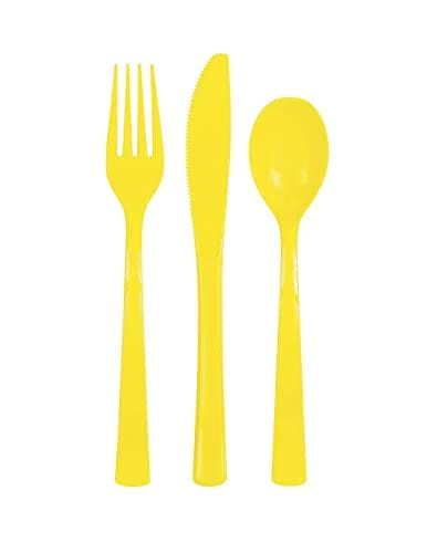 Unique BASIC Reusable Plastic Cutlery Set for 6 Guests (18 Pieces) -Neon Yellow