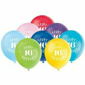 Unique Industries BALLOONS Fun Happy 16th Birthday 12" Latex Balloons, 8ct