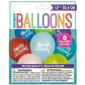 Unique Industries BALLOONS Script Happy Birthday 12" Latex Balloons, 8ct