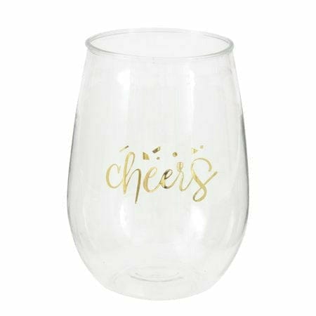Unique Industries BASIC Gold "Cheers" Stemless Plastic 15oz. Wine Glass