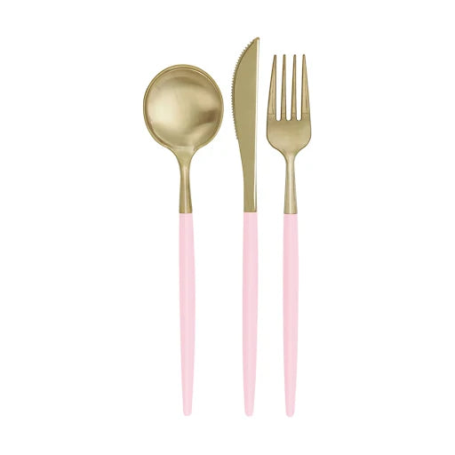 Unique Industries BASIC Plastic Cutlery Set for 4, Light Pink and Metallic Gold