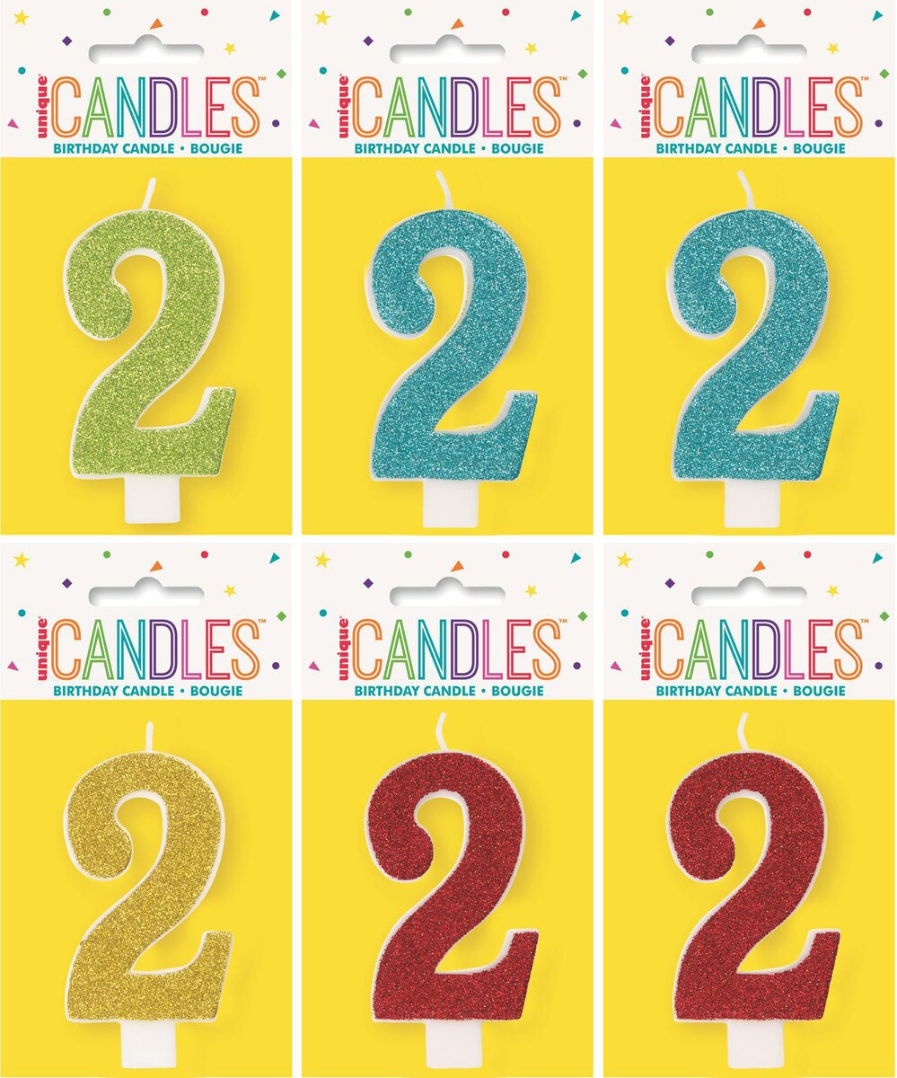 Numeral Candle 2 - Glitter - 4 Assorted Colours